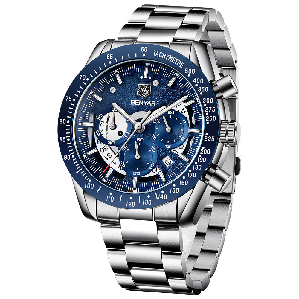 Men's Benyar luxury chronograph watch with blue dial, stainless steel bracelet, tachymeter bezel on Tampa Home & Garden Store