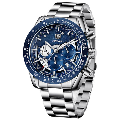 Men's Benyar luxury chronograph watch with blue dial, stainless steel bracelet, tachymeter bezel on Tampa Home & Garden Store