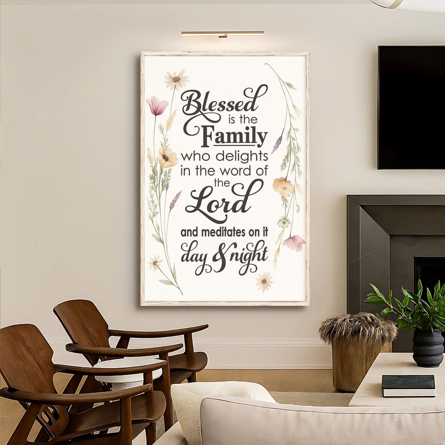 Canvas wall art Blessed Is The Family Faith Sign with pastel florals by Tailored Canvases on Tampa Home & Garden Store