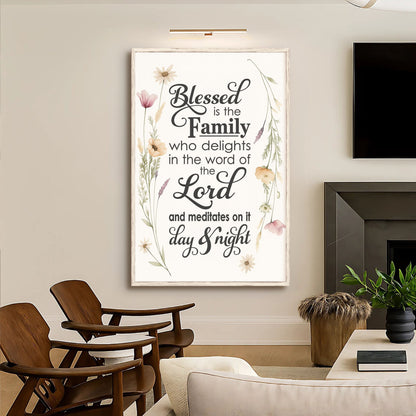 Canvas wall art Blessed Is The Family Faith Sign with pastel florals by Tailored Canvases on Tampa Home & Garden Store
