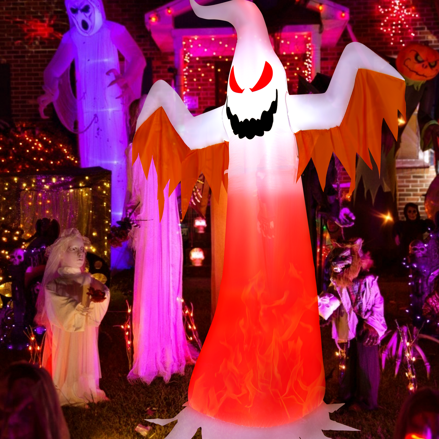 8 ft DirectDeals Halloween Inflatable Ghost with Rotating Flame LED Lights, white ghost with orange flame accents on Tampa Home & Garden Store
