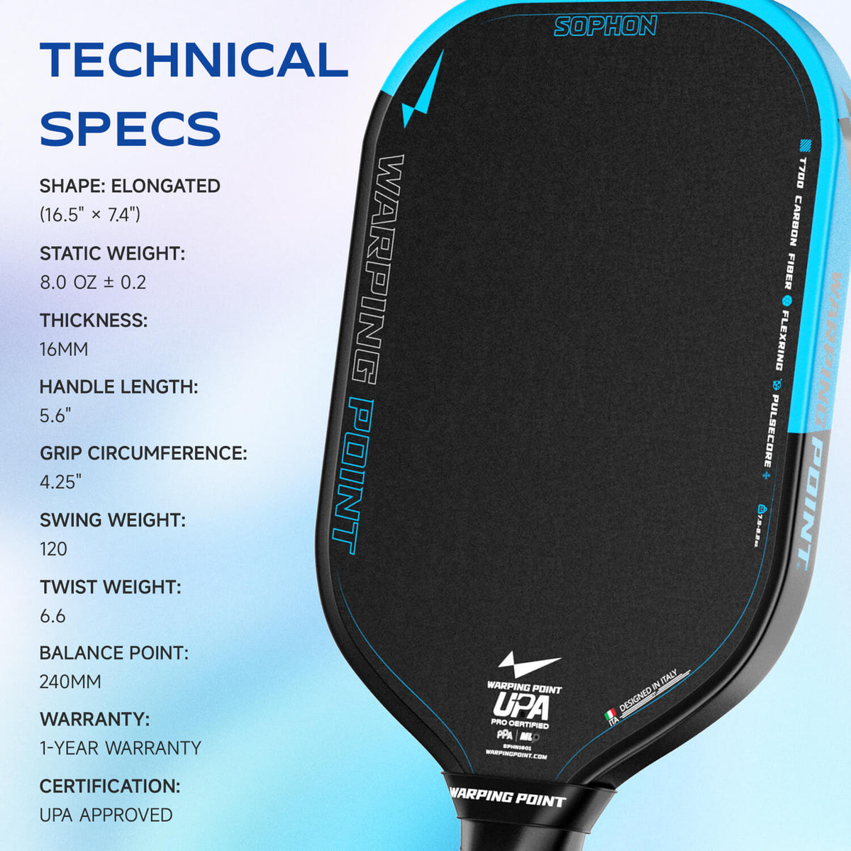 Sophon pickleball paddle by Warping Point, black surface with blue trim, 16mm thick on Tampa Home & Garden Store