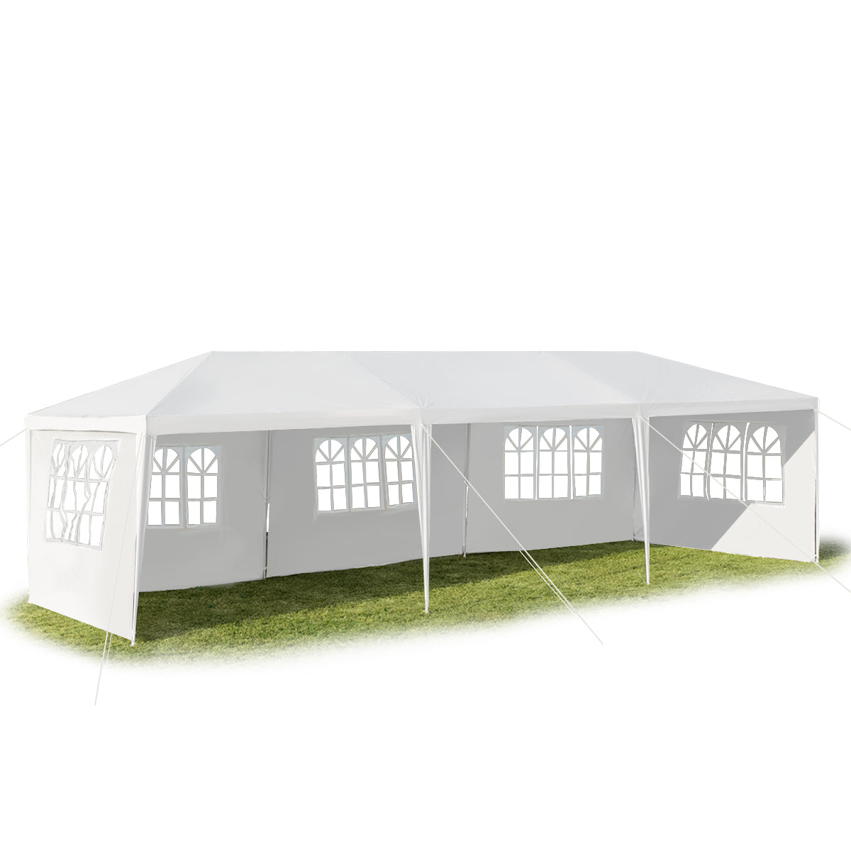 GemGear 10x30 ft canopy tent with 5 removable sidewalls, white canopy with arched-window panels on Tampa Home & Garden Store