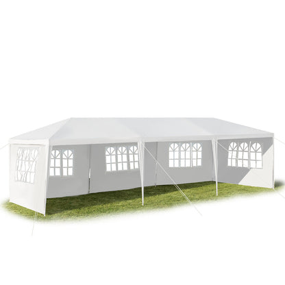 GemGear 10x30 ft canopy tent with 5 removable sidewalls, white canopy with arched-window panels on Tampa Home & Garden Store