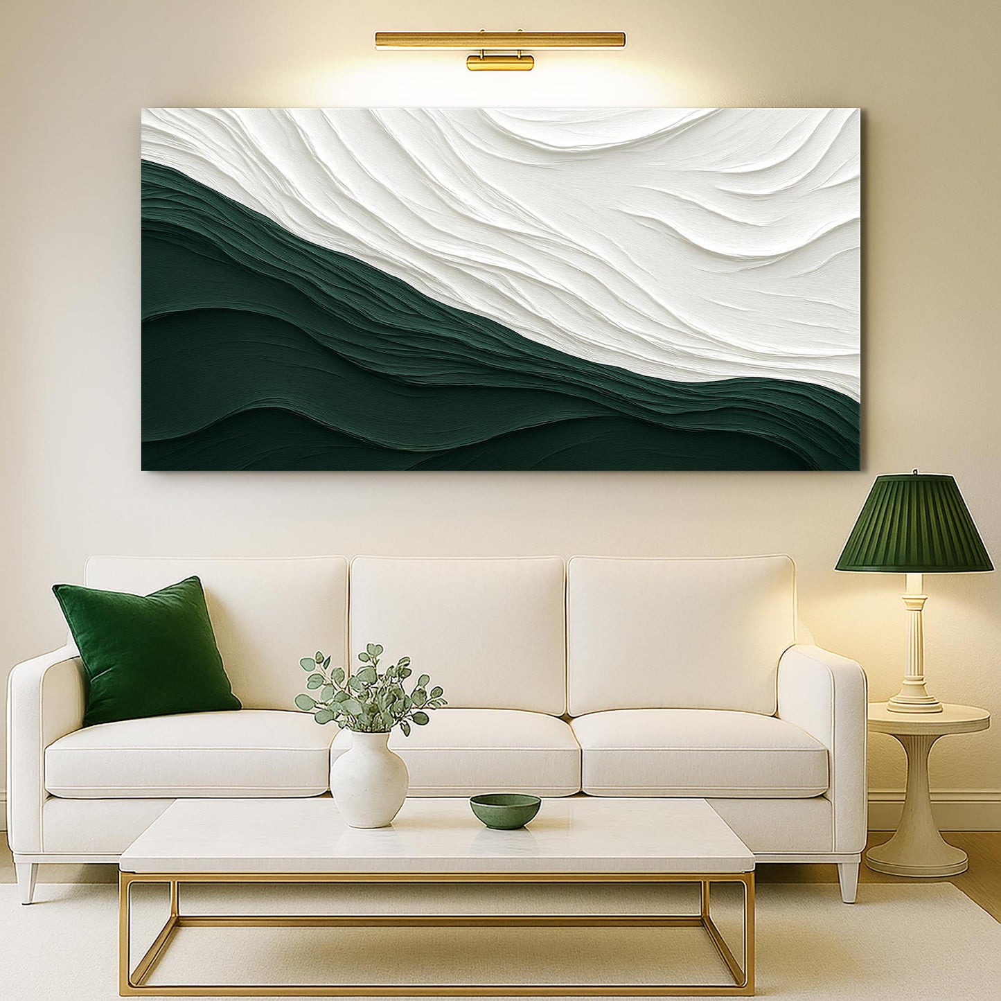 Modern Abstract Minimalist Wall Art IX canvas by Tailored Canvases, dark green waves on Tampa Home & Garden Store