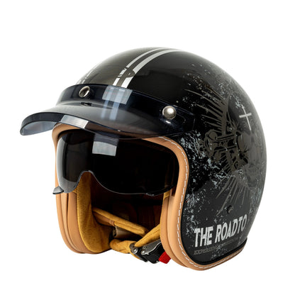 The Street King Open-Face Helmet by BikerZoneZ, black shell with gray graphics tan leather on Tampa Home & Garden Store