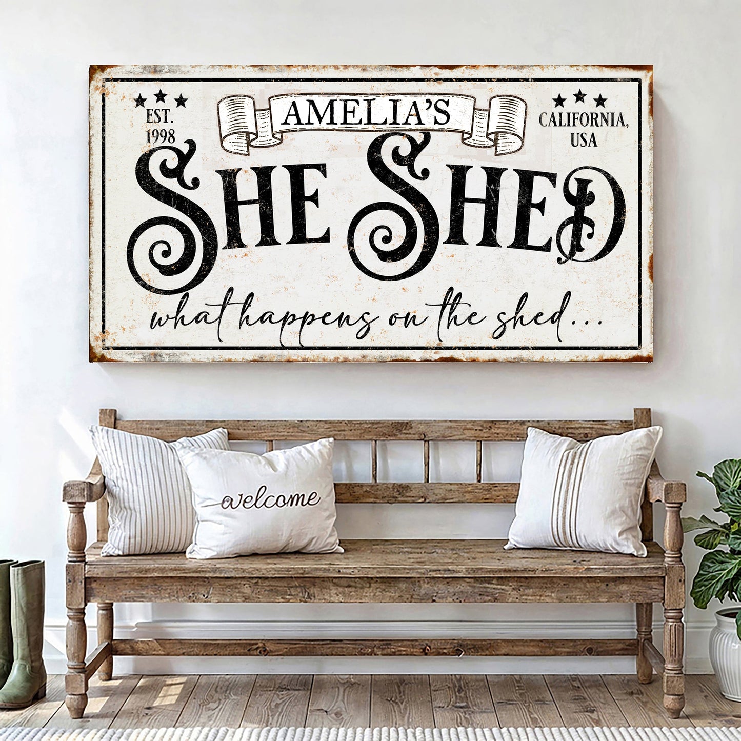 Canvas sign Amelia's She Shed IV by Tailored Canvases with rustic distressed finish on Tampa Home & Garden Store