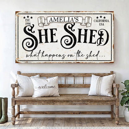 Canvas sign Amelia's She Shed IV by Tailored Canvases with rustic distressed finish on Tampa Home & Garden Store