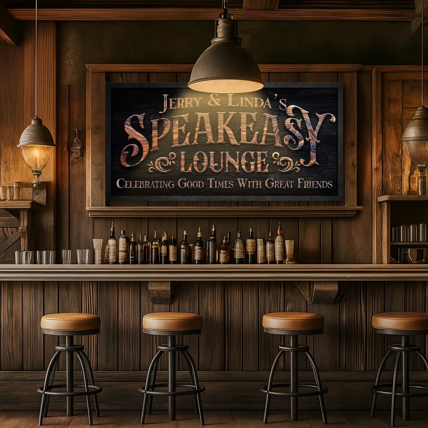 Speakeasy Lounge Wall Sign canvas with ornate lettering on wood backdrop above bar on Tampa Home & Garden Store