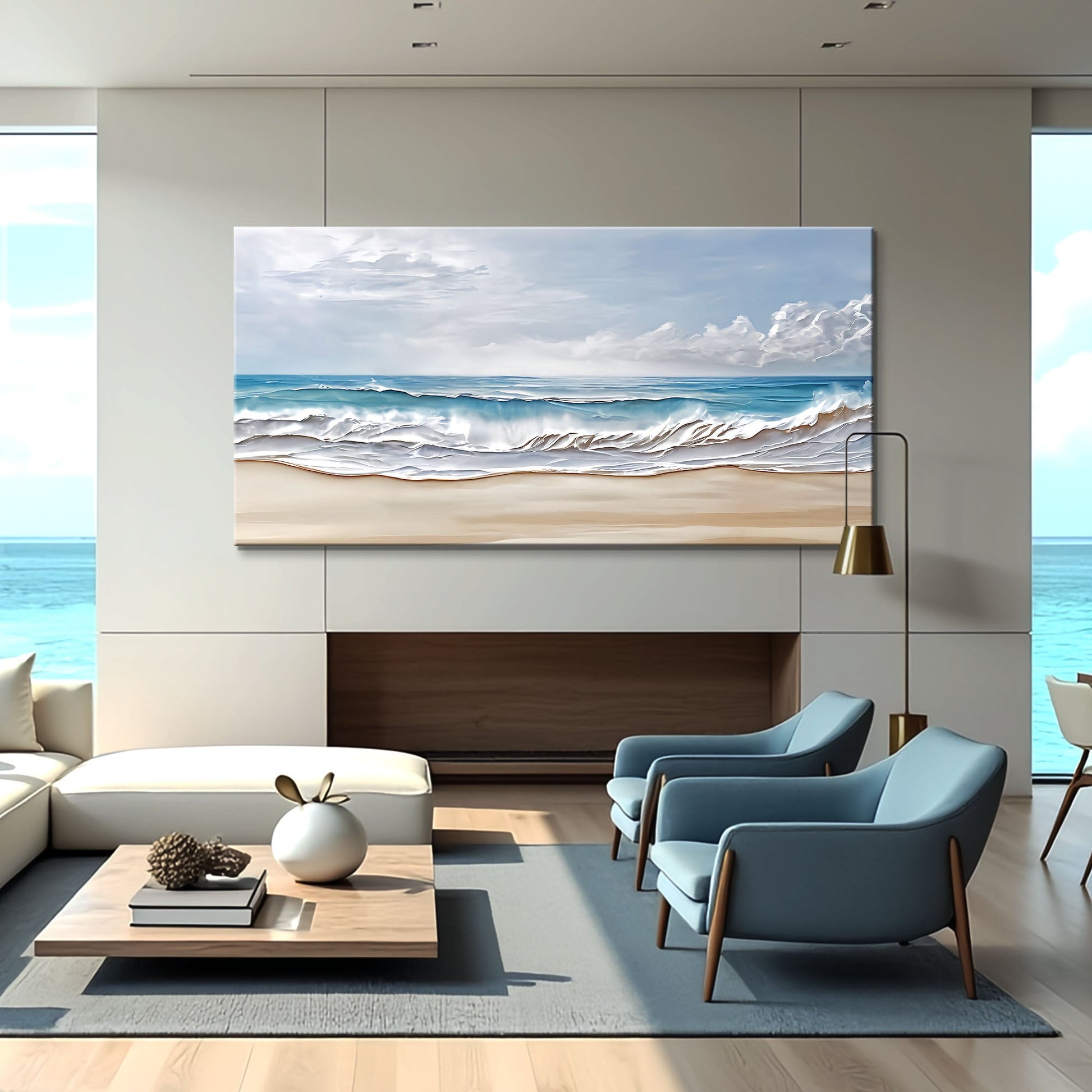 Serene Ocean Wave Coastal Wall Art VII canvas by Tailored Canvases; blue waves on beige wall on Tampa Home & Garden Store