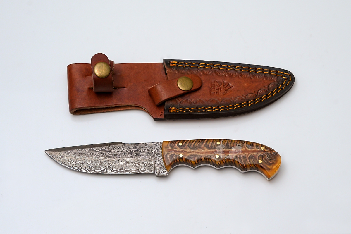 Damascus Titan Gecko fixed blade knife with amber resin pine-cone handle and leather sheath on Tampa Home & Garden Store