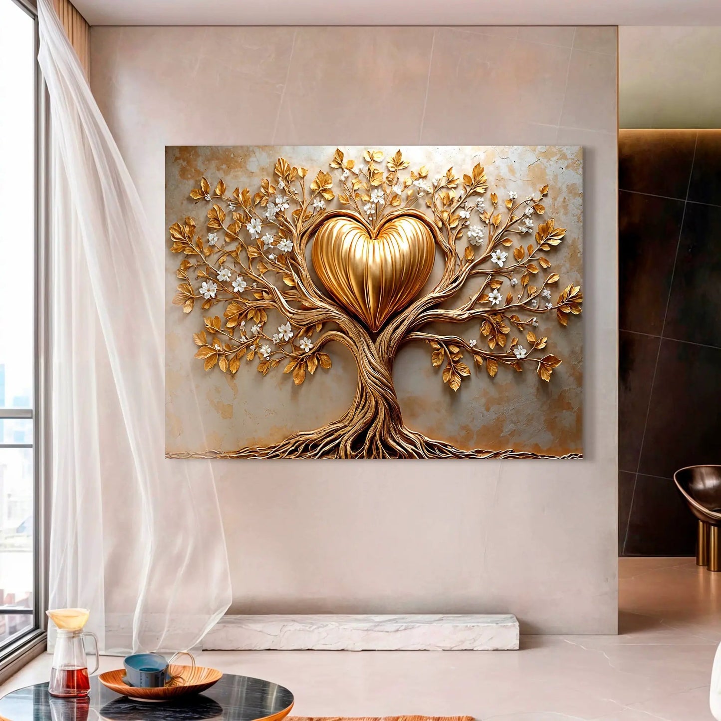 Golden Tree Heart Wall Art canvas with gilded leaves forming a heart centerpiece on Tampa Home & Garden Store