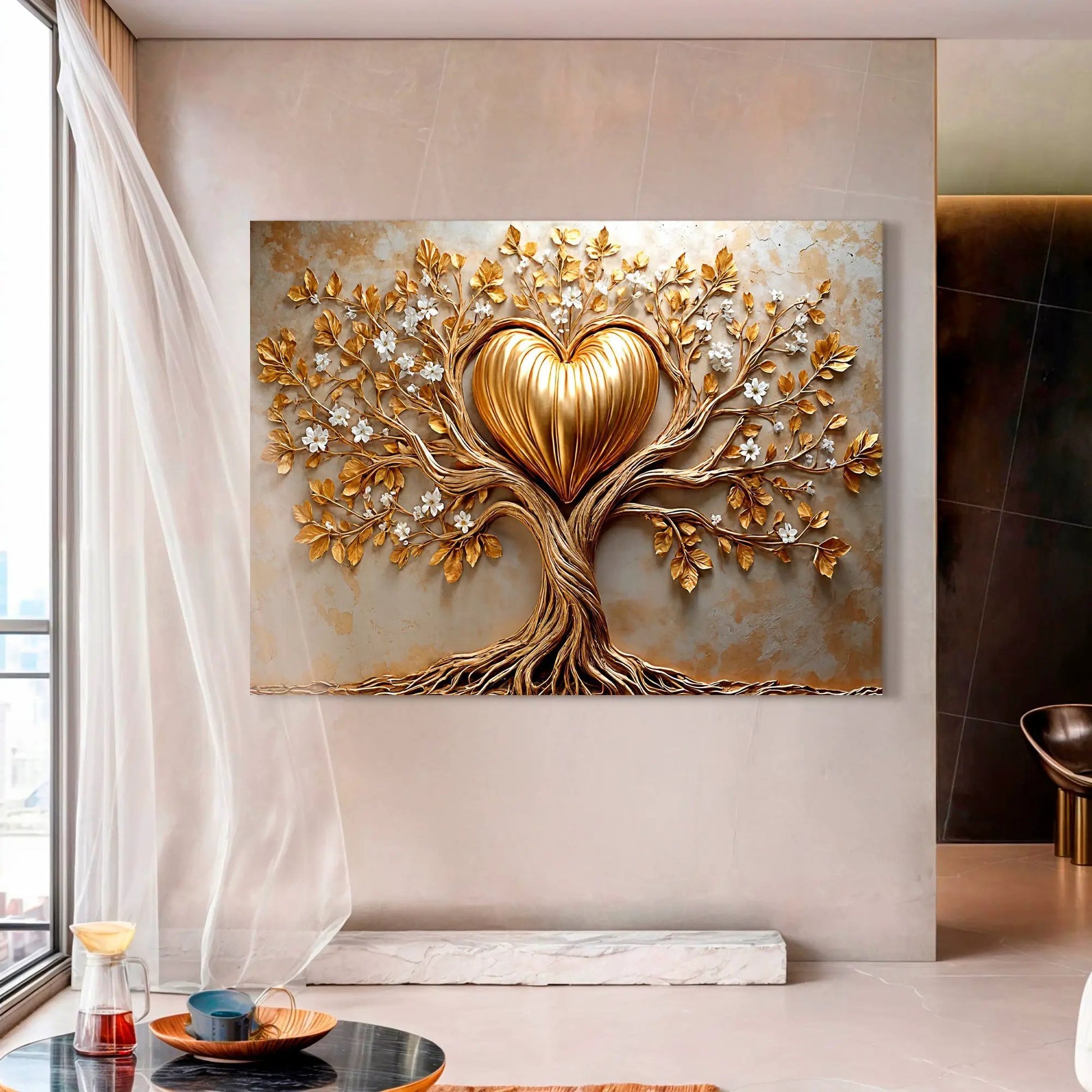 Golden Tree Heart Wall Art canvas with gilded leaves forming a heart centerpiece on Tampa Home & Garden Store