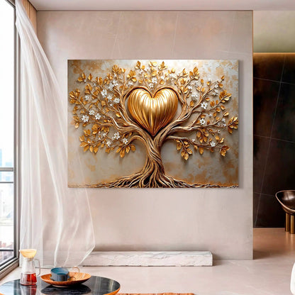 Golden Tree Heart Wall Art canvas with gilded leaves forming a heart centerpiece on Tampa Home & Garden Store