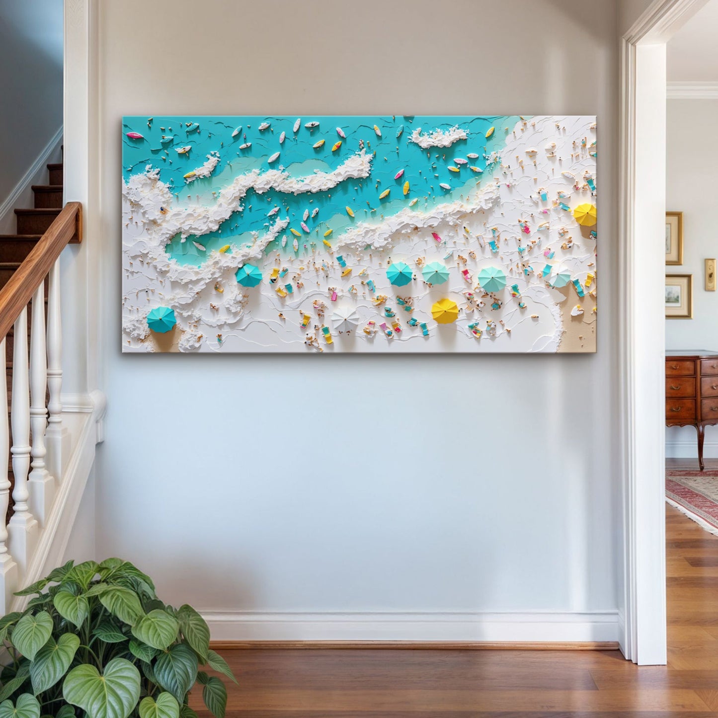 Beach Days Wall Art XI canvas with turquoise ocean, white foam and colorful beach umbrellas on Tampa Home & Garden Store