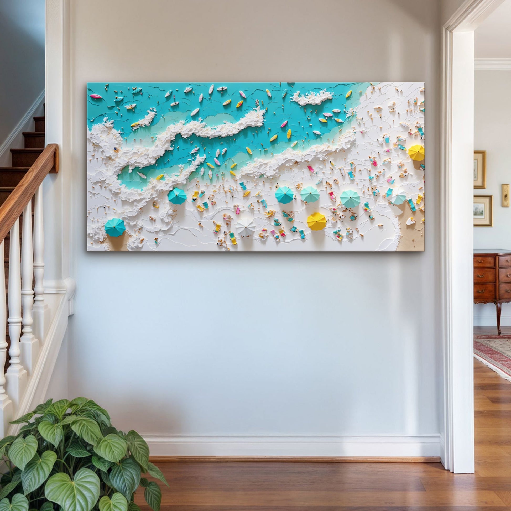 Beach Days Wall Art XI canvas with turquoise ocean, white foam and colorful beach umbrellas on Tampa Home & Garden Store