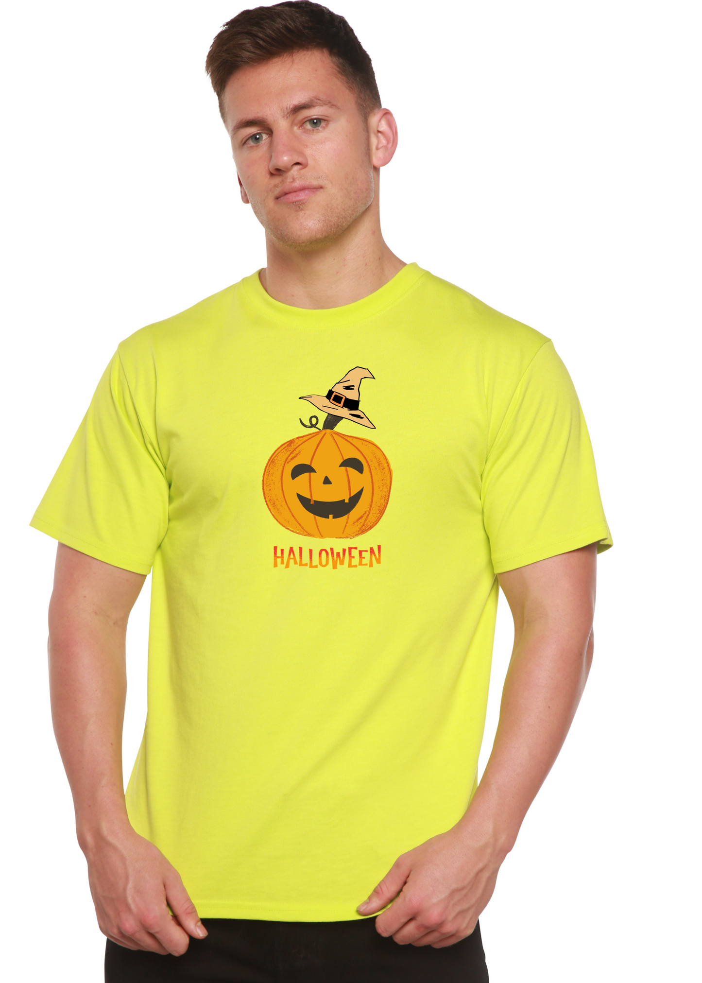 Spun Bamboo Halloween Pumpkin unisex graphic short sleeve tee neon lime with pumpkin hat design on Tampa Home & Garden Store