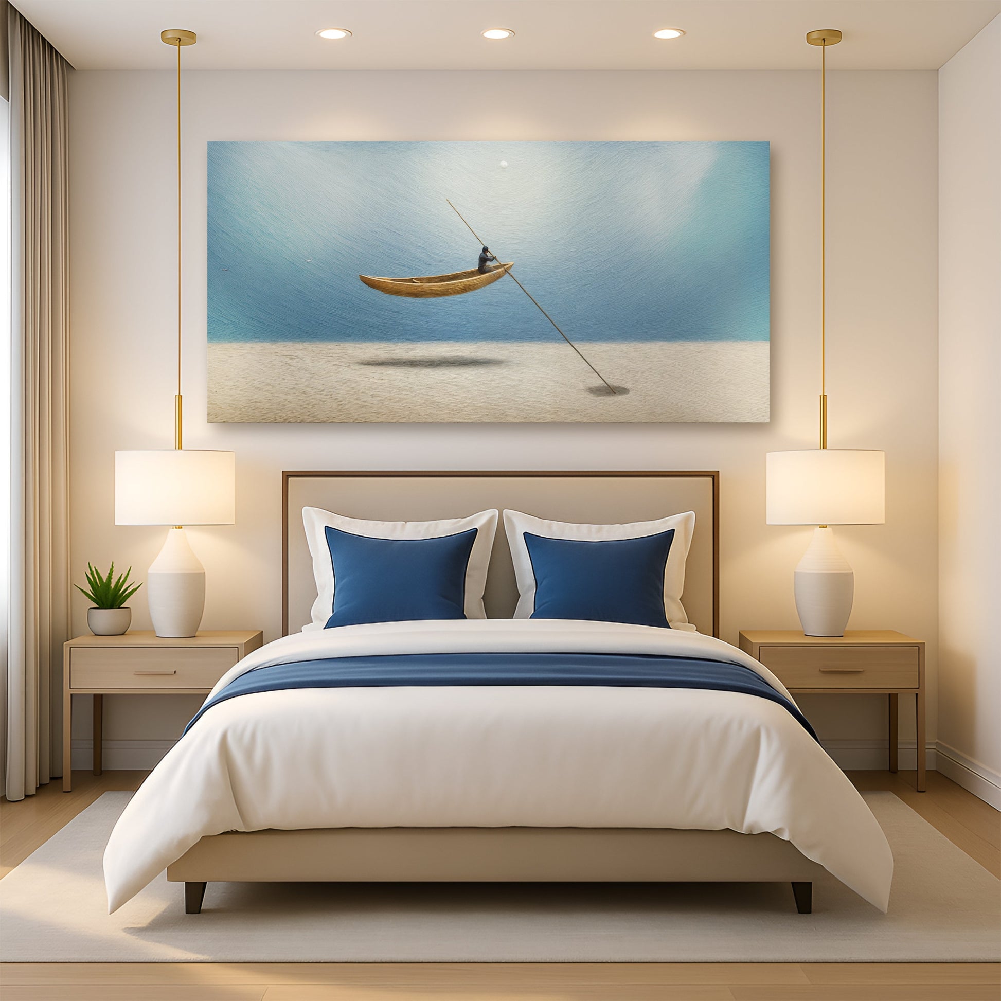 Sand Drifter Wall Art canvas shows lone rower in wooden boat on blue water on Tampa Home & Garden Store