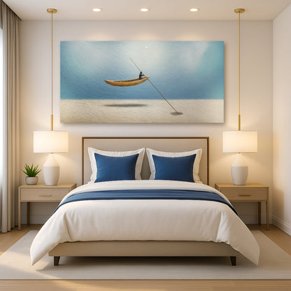 Sand Drifter Wall Art canvas shows lone rower in wooden boat on blue water on Tampa Home & Garden Store
