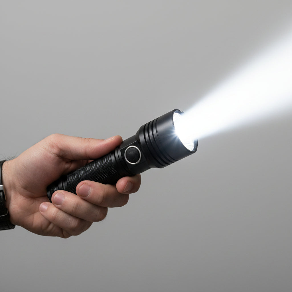 Rechargeable LED flashlight Moktan Sabai handheld torch with zoomable beam and LCD display on Tampa Home & Garden Store
