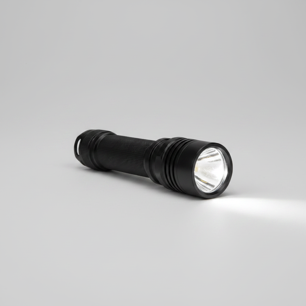 Rechargeable LED Flashlight black aluminum handheld with knurled grip and bright lens on Tampa Home & Garden Store