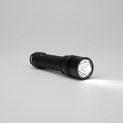Rechargeable LED Flashlight black aluminum handheld with knurled grip and bright lens on Tampa Home & Garden Store