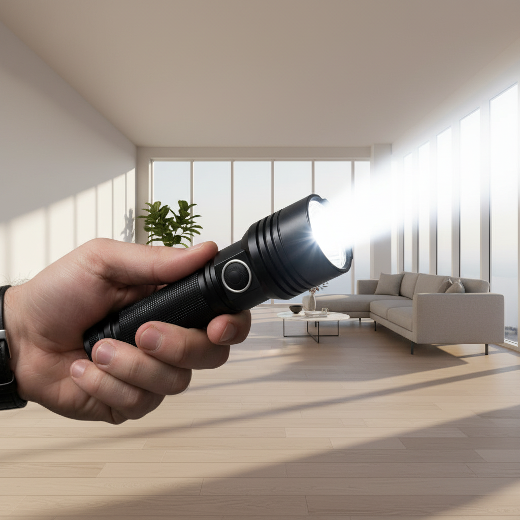 Rechargeable LED flashlight Moktan Sabai black torch with zoomable beam LCD power display on Tampa Home & Garden Store