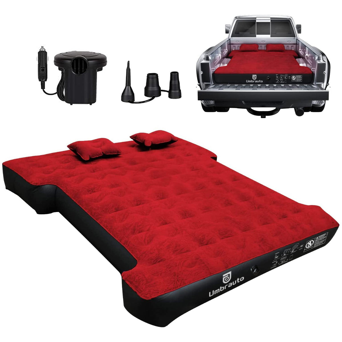 Umbrauto Nissan short truck bed air mattress, red top with pump and adapters in bed on Tampa Home & Garden Store