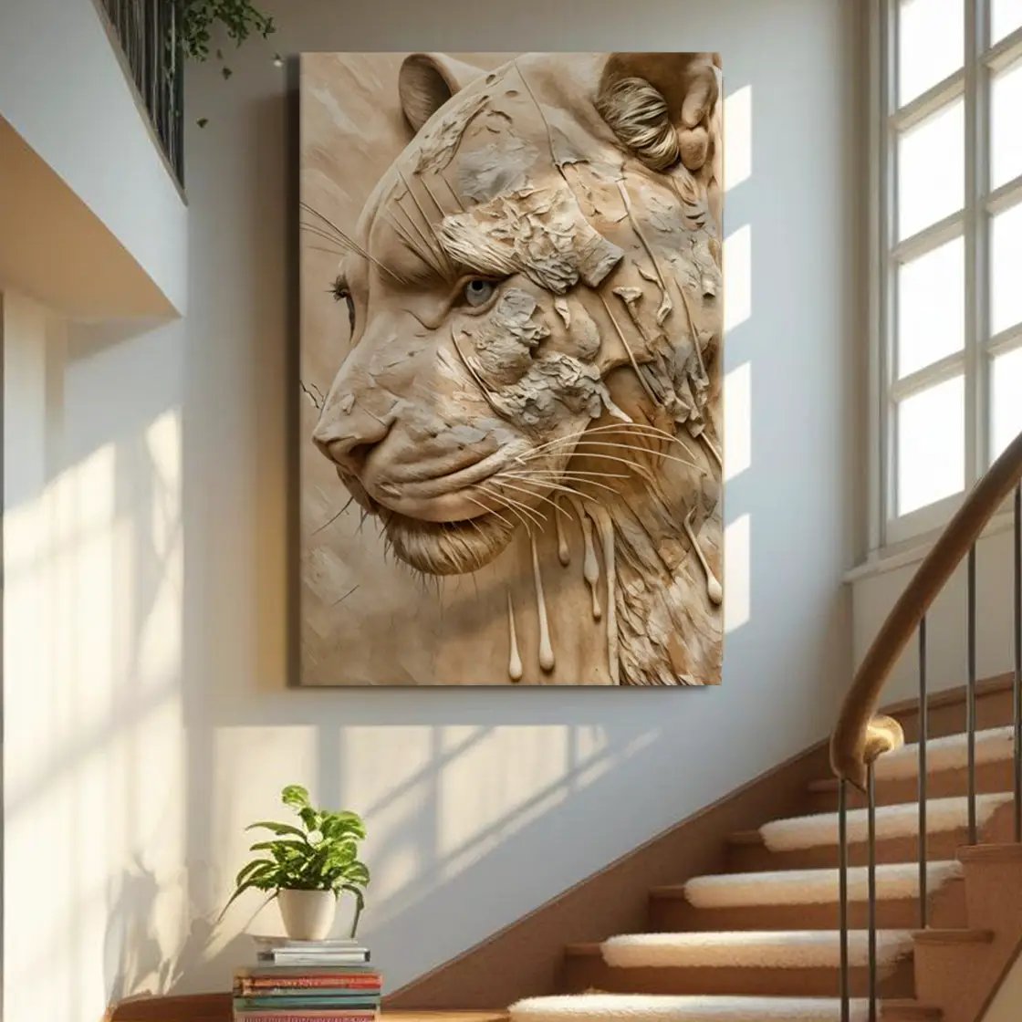 Earthen Predator Wall Art canvas of a tiger head with cracked clay texture in tan on Tampa Home & Garden Store