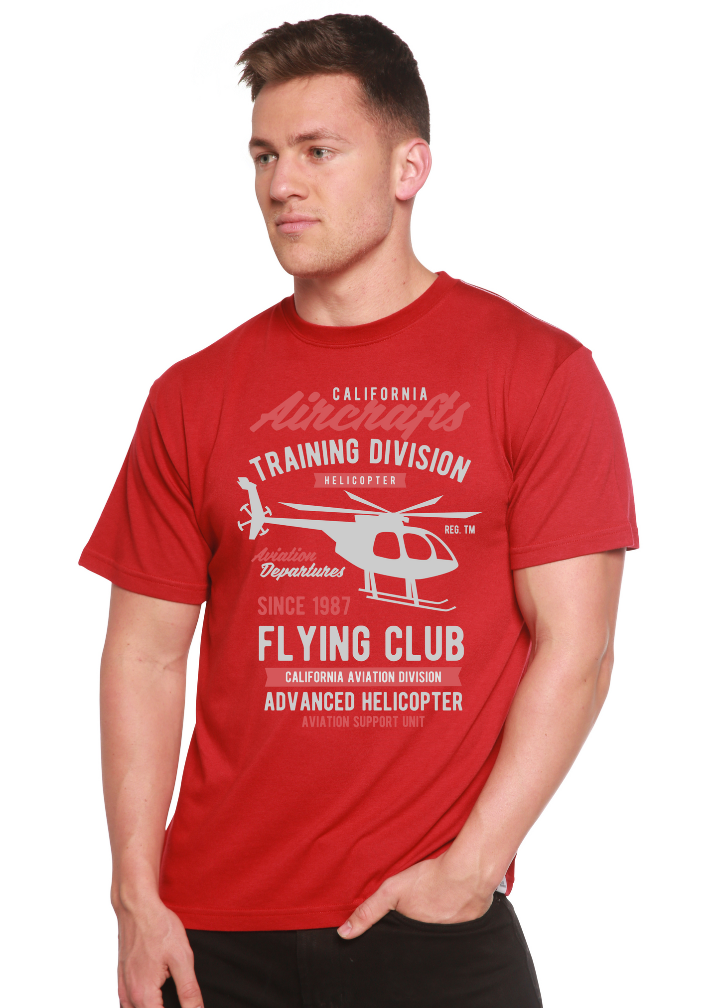Men's red graphic T-shirt with helicopter print Spun Bamboo bamboo viscose/organic cotton on Tampa Home & Garden Store