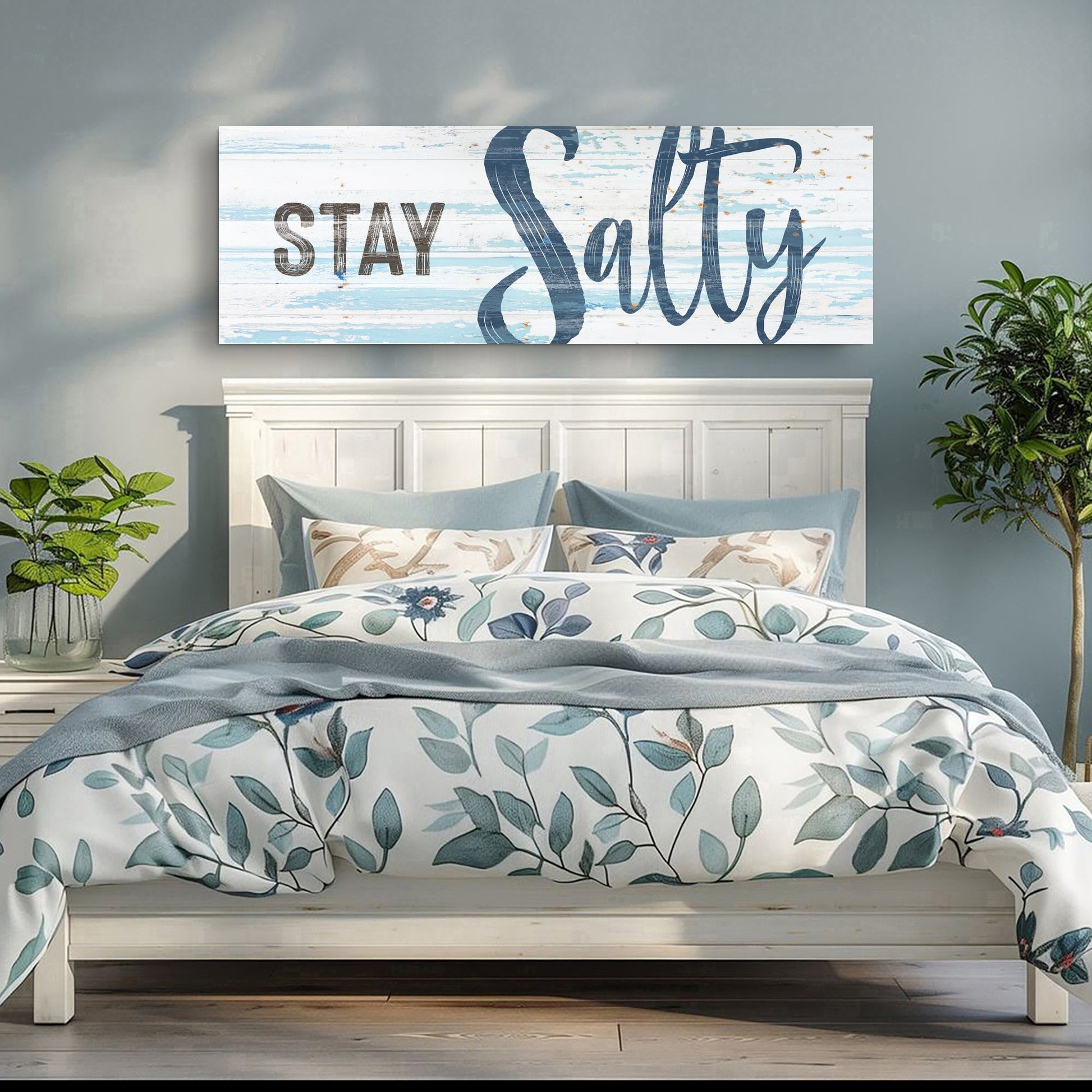 Stay Salty Coastal Sign IX canvas with weathered white and blue planks on Tampa Home & Garden Store