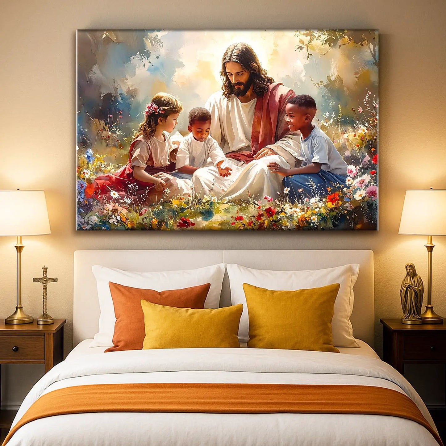Jesus With Children Faith Wall Art VII canvas, warm scene with Jesus and children among flowers on Tampa Home & Garden Store