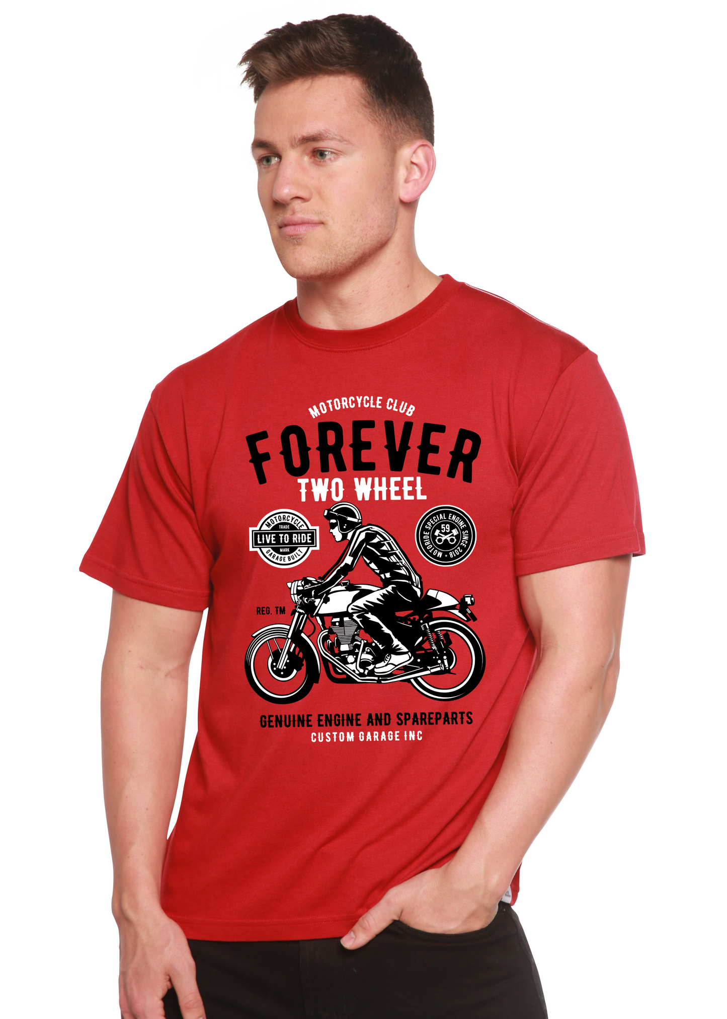 Forever Two Wheel men's red bamboo viscose/organic cotton graphic tee with motorcycle artwork on Tampa Home & Garden Store