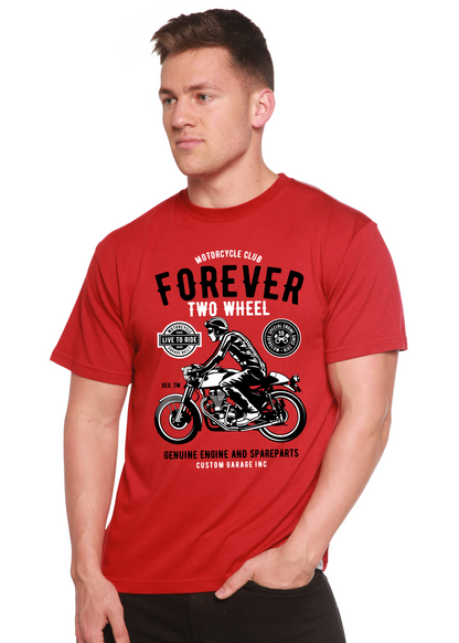 Forever Two Wheel men's red bamboo viscose/organic cotton graphic tee with motorcycle artwork on Tampa Home & Garden Store