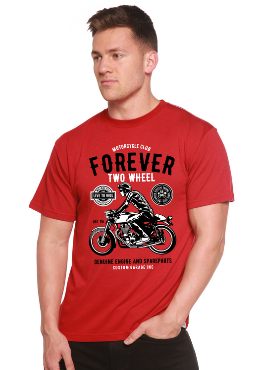 Forever Two Wheel men's red bamboo viscose/organic cotton graphic tee with motorcycle artwork on Tampa Home & Garden Store