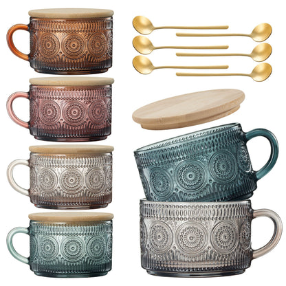 Hobnail Glass Mug Set with Lids and Gold Spoons