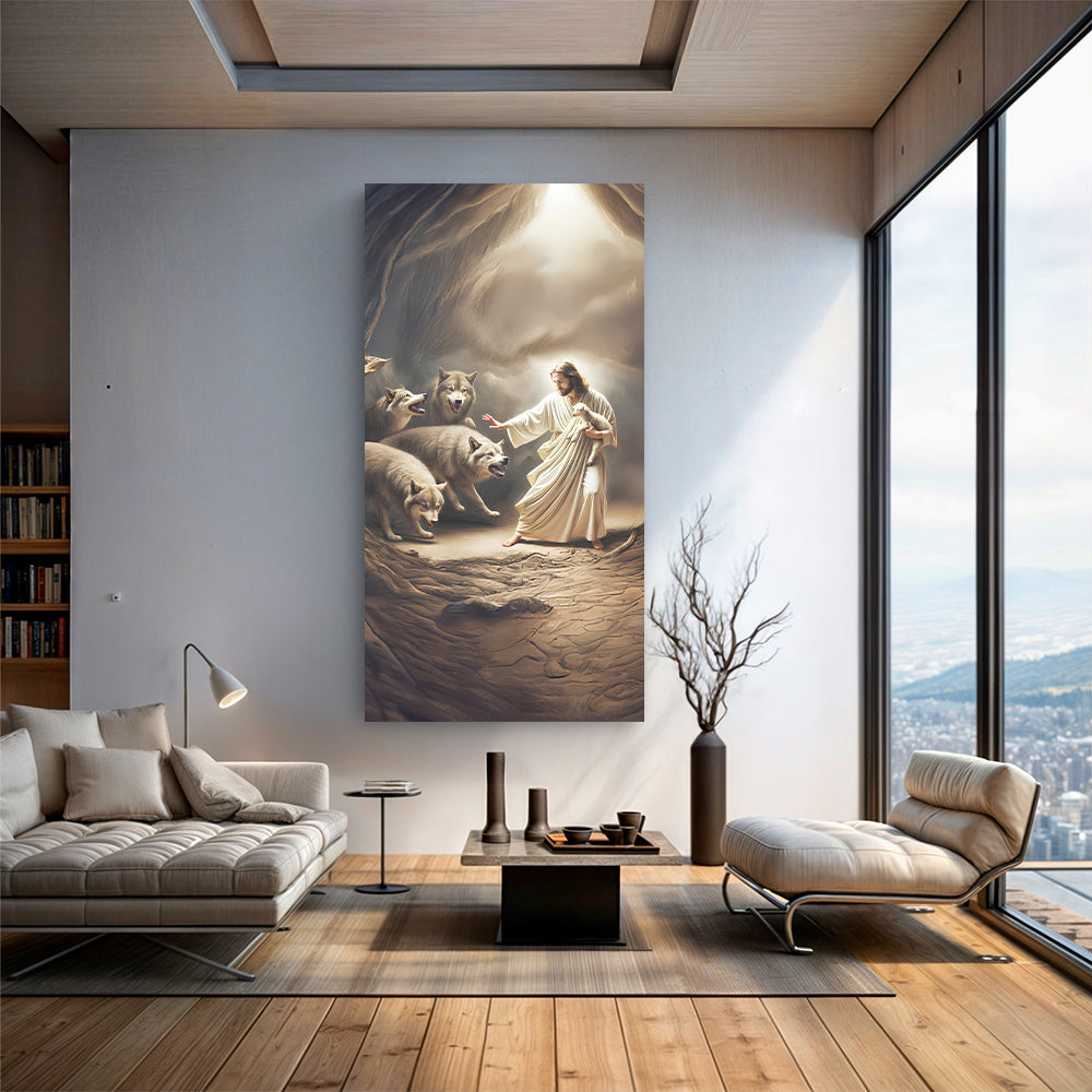Jesus Protects The Lamb From Wolves Faith Wall Art VII canvas by Tailored Canvases, vertical crafting canvas with Jesus and wolves and lambs on Tampa Home & Garden Store