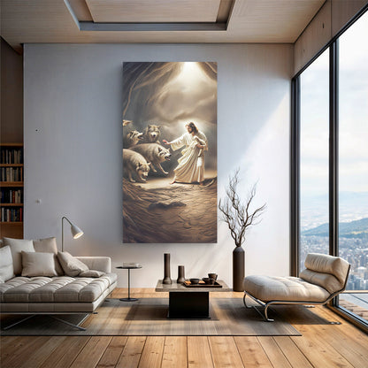 Jesus Protects The Lamb From Wolves Faith Wall Art VII canvas by Tailored Canvases, vertical crafting canvas with Jesus and wolves and lambs on Tampa Home & Garden Store