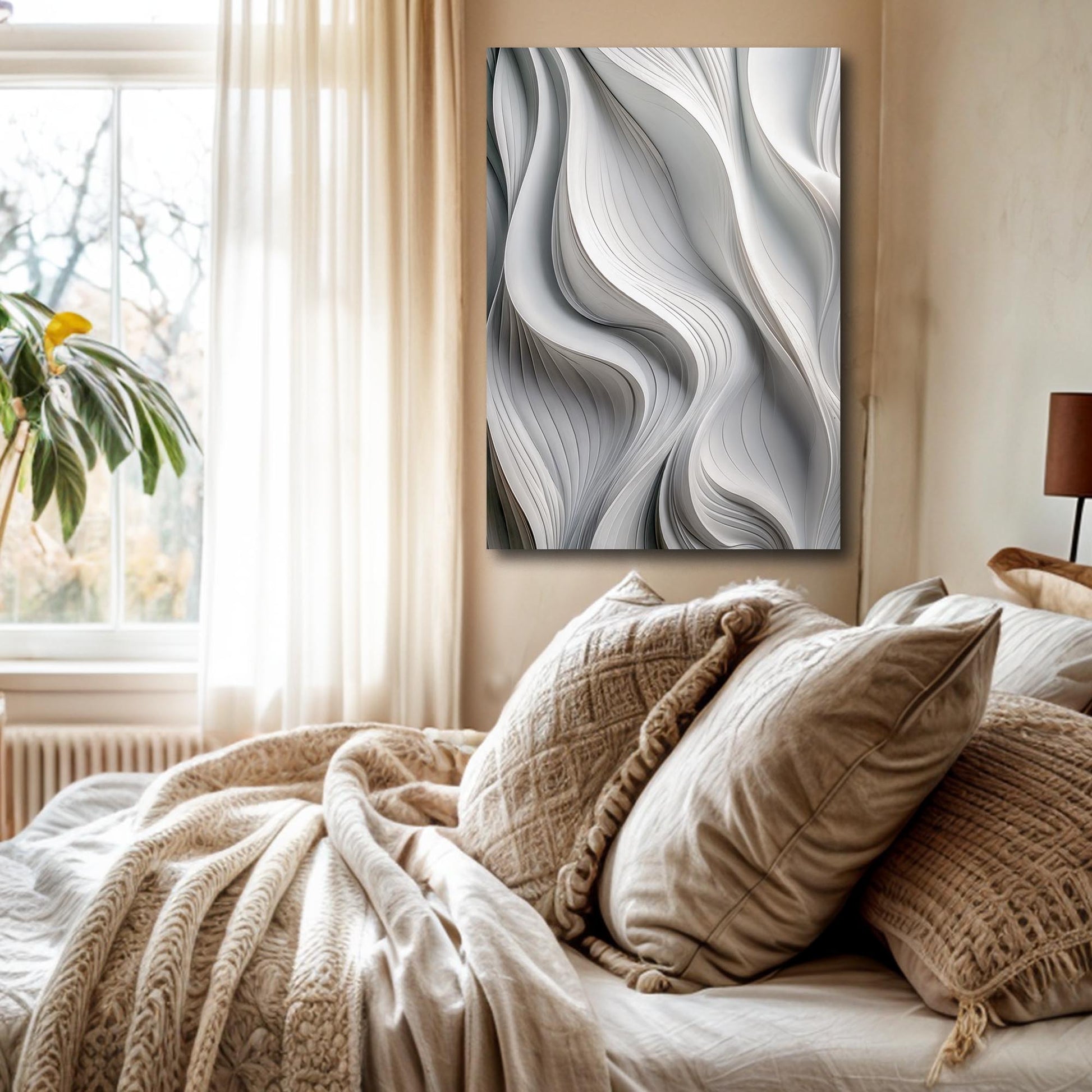 Modern Monochrome Waves Abstract Wall Art canvas with grayscale curves mounted on wall on Tampa Home & Garden Store