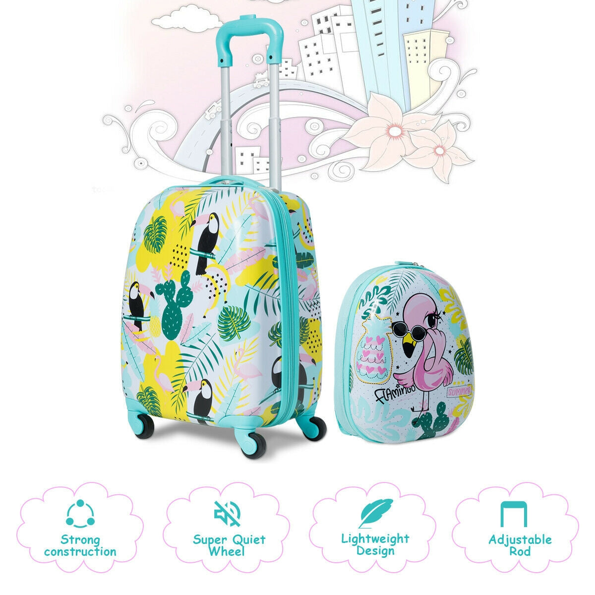 GemGear 2-Piece Kids Luggage Set: 12in backpack and 16in rolling suitcase in turquoise print on Tampa Home & Garden Store