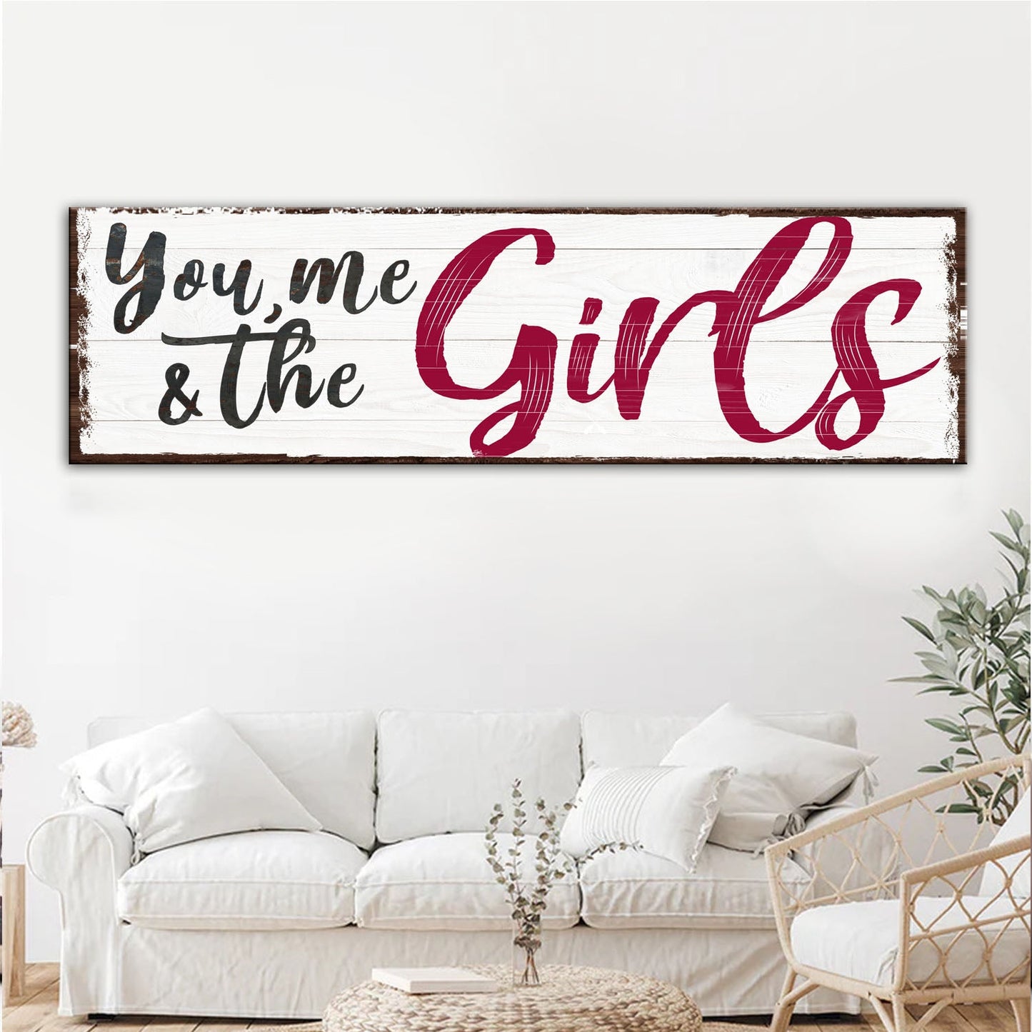Canvas sign You, Me & the Girls III with white distressed wood, black cursive and magenta Girls by Tailored Canvases on Tampa Home & Garden Store