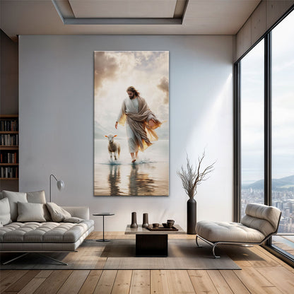 Jesus Protects The Lamb From Wolves Faith Wall Art XIII canvas; Jesus and lamb on water on Tampa Home & Garden Store