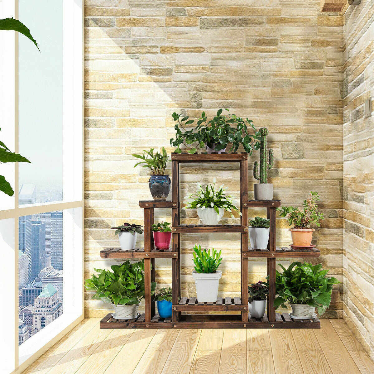 Estante de almacenamiento de exhibición de plantas de madera de 6 niveles