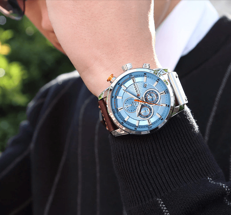 Stevvex men's waterproof sport watch with blue dial, chronograph, leather strap, hardlex glass on Tampa Home & Garden Store