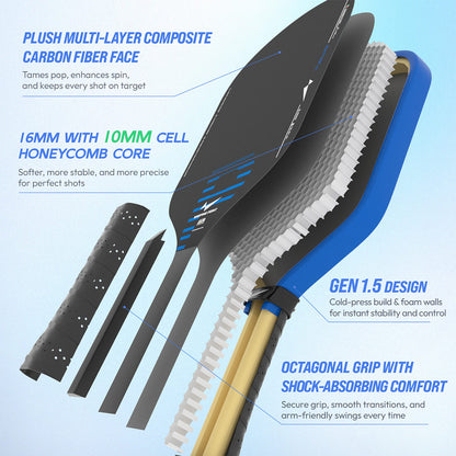 Rhythm Pickleball Paddle Hybrid Warping Point carbon face honeycomb core blue frame grip on Tampa Home & Garden Store