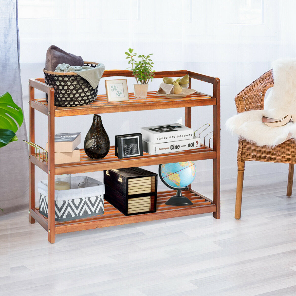 DirectDeals 2-Tier Acacia Wood Shoe Rack with 4 Side Metal Hooks in warm brown on Tampa Home & Garden Store