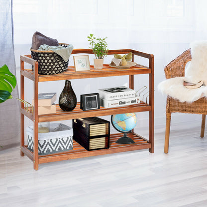 DirectDeals 2-Tier Acacia Wood Shoe Rack with 4 Side Metal Hooks in warm brown on Tampa Home & Garden Store