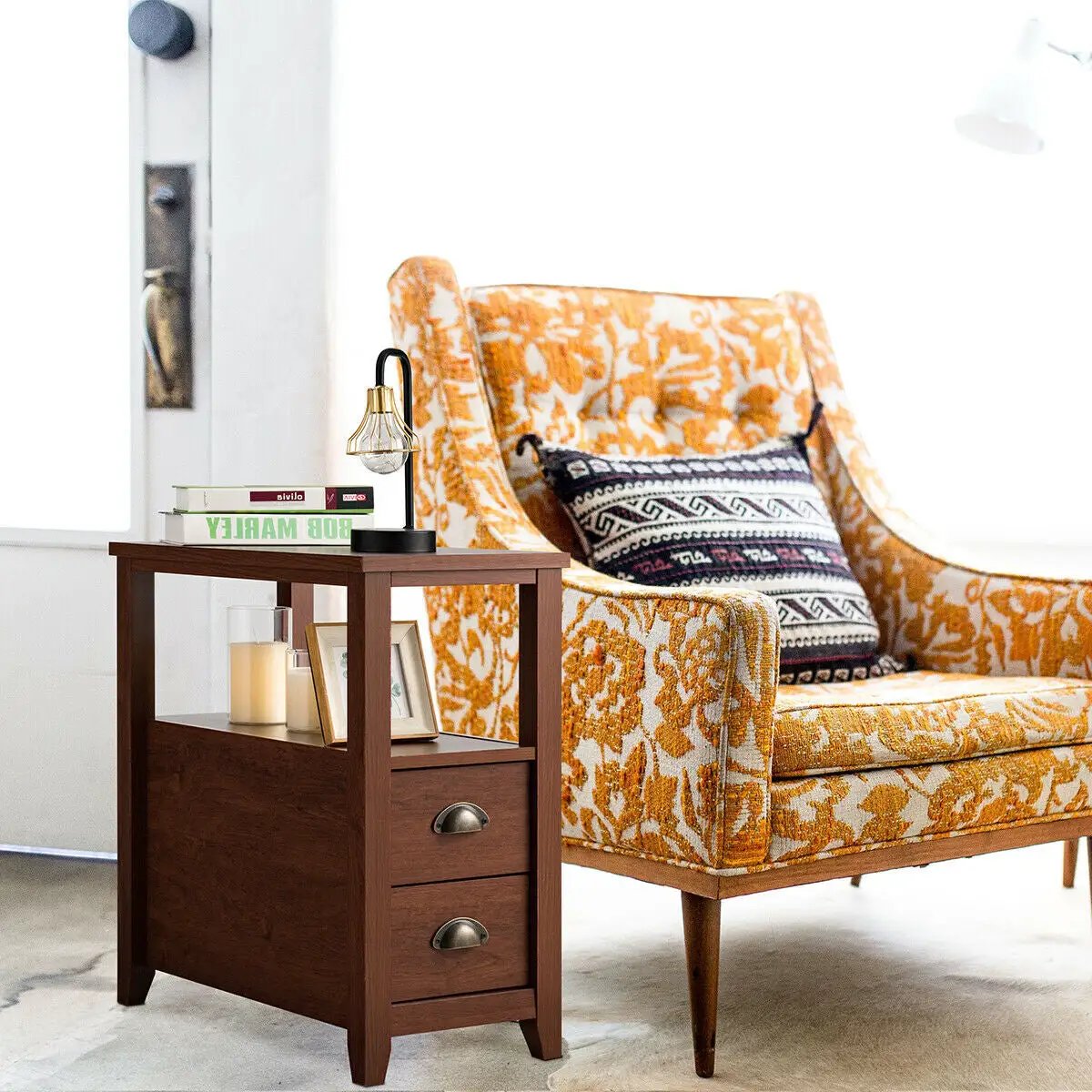 Set of 2 Wooden End Tables with Drawers and Shelf