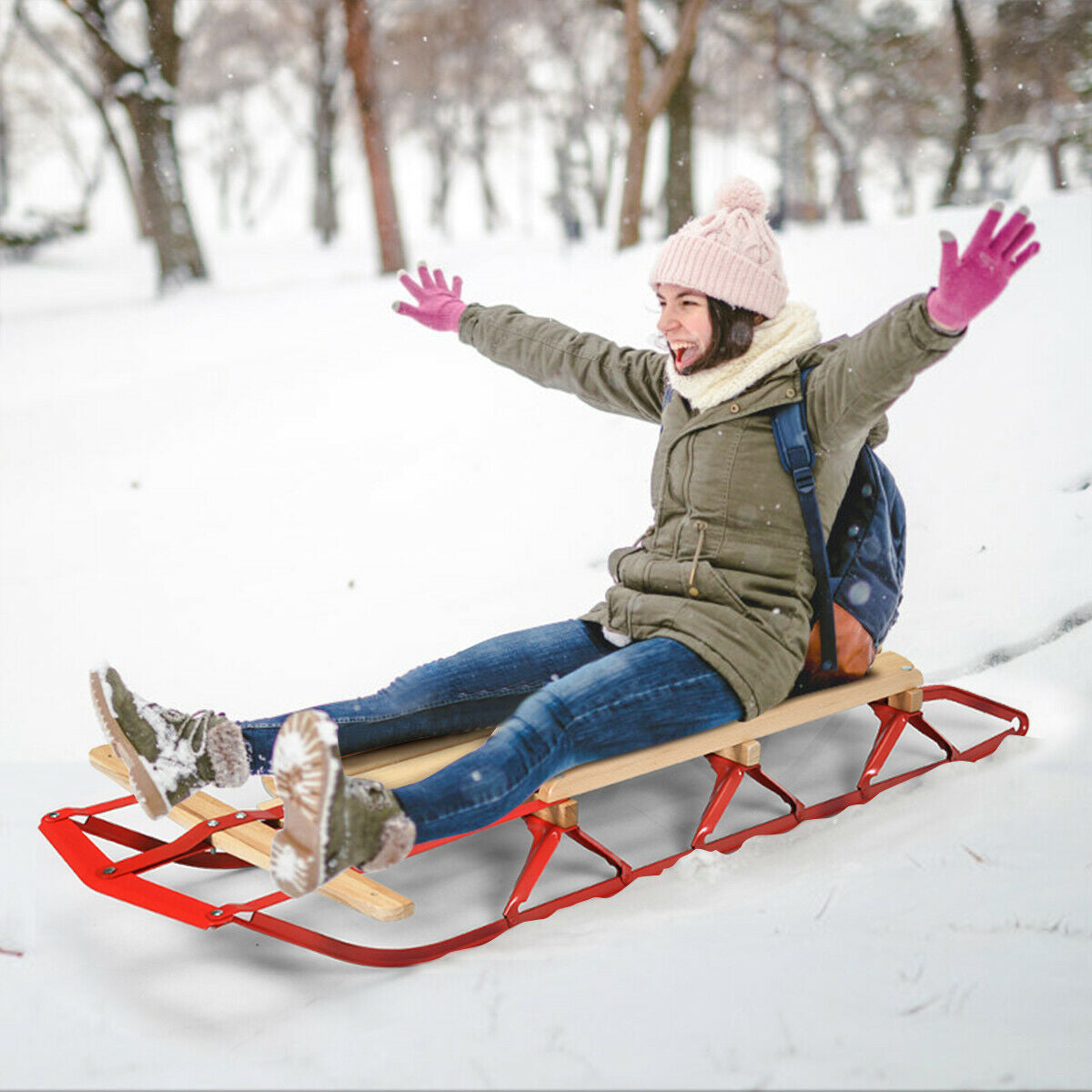 54-inch wood snow sled with red metal runners and steering bar, DirectDeals snow racer on Tampa Home & Garden Store