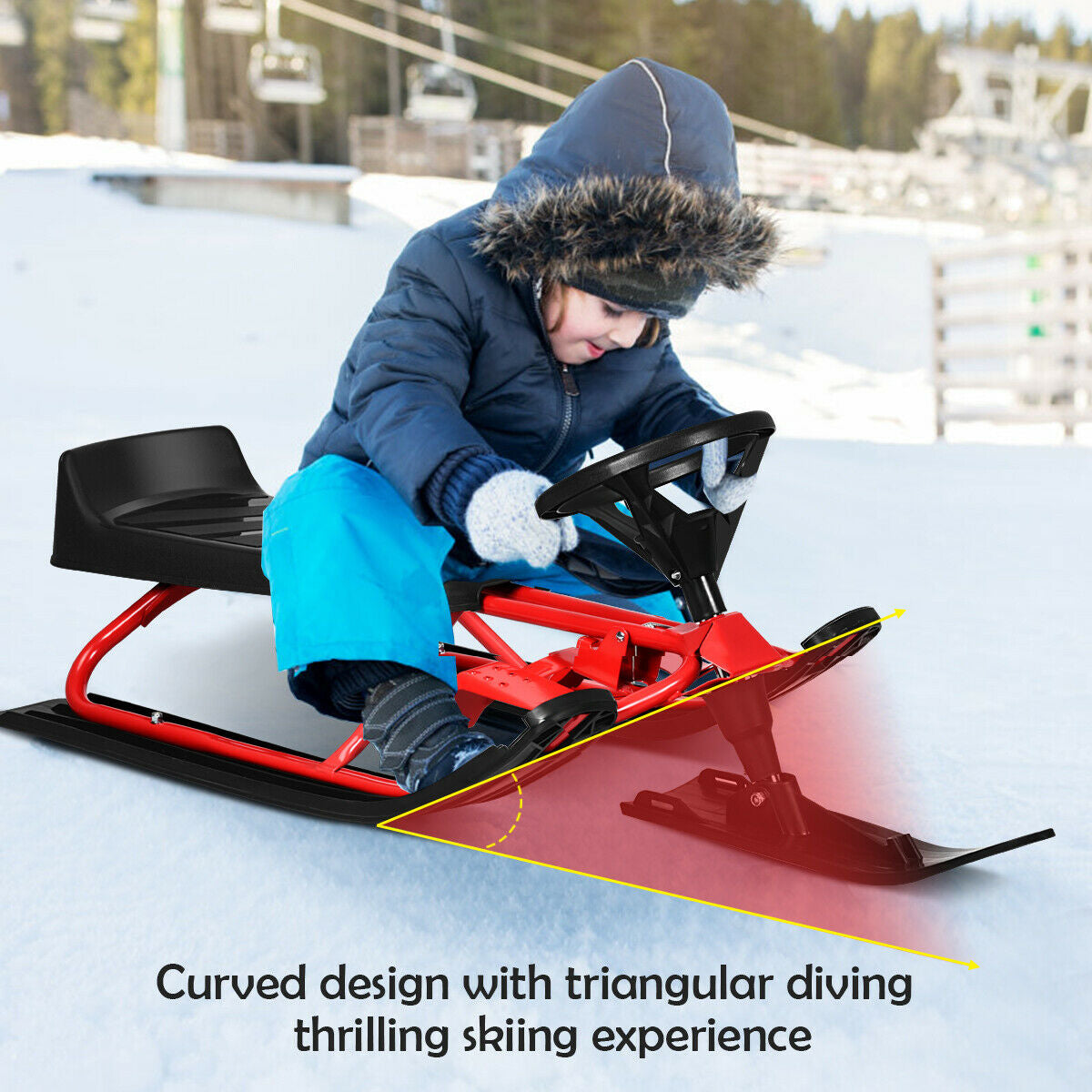 Kids Snow Sled with Steering Wheel and Double Brakes, red DirectDeals snow racer on Tampa Home & Garden Store